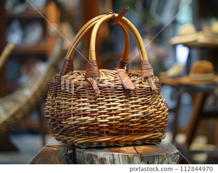 A basket bag that is made from natural materials on white, eco trend 112844970