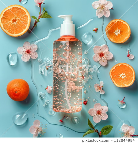 a bottle of shampoo lay stand in water, have mandarin orange and cherry blossom 112844994