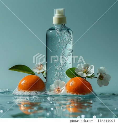 a bottle of shampoo lay stand in water, have mandarin orange and cherry blossom 112845001
