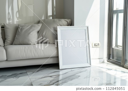white mockup wooden frame in a Scandinavian interior design living room near a couch 112845051