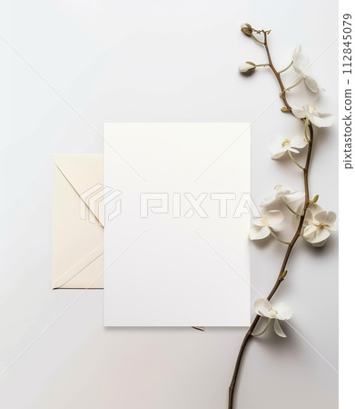 Minimalist mockup white invitation card with dry flowers on white 112845079