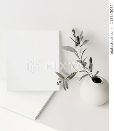 Minimalist mockup white invitation card with dry flowers on white 112845085