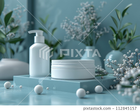 Jar cream on white geometric podium on blue background. Jar cream on white geometric podium on blue background. 112845157
