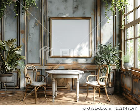 a vintage wall gallery mockup in modest apartment living room, beautiful interiors a vintage wall gallery mockup in modest apartment living room, beautiful interiors 112845167