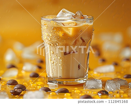 a refreshing iced latte sitting on a bright yellow background, with condensation droplets glistening on the glass, a refreshing iced latte sitting on a bright yellow background, with condensation droplets glistening on the glass, 112845168