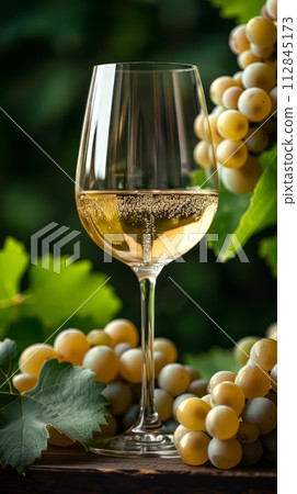 Glass of white wine half full with a few leaves from the vine and white grapes 112845173