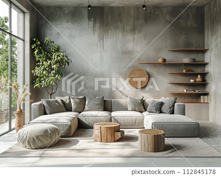 A modern minimalist Livingroom in light grey and light green tones, modern Scandinavian design, 112845178