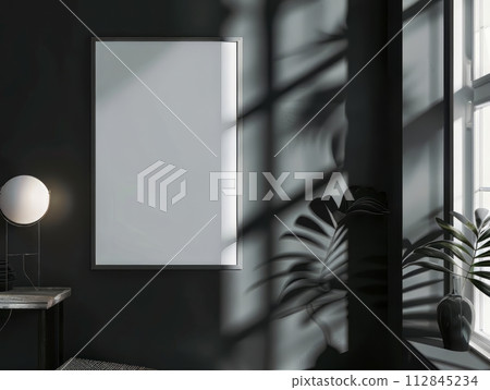 Close up of a poster mockup, hanging on the black wall in a classic modern home Close up of a poster mockup, hanging on the black wall in a classic modern home 112845234