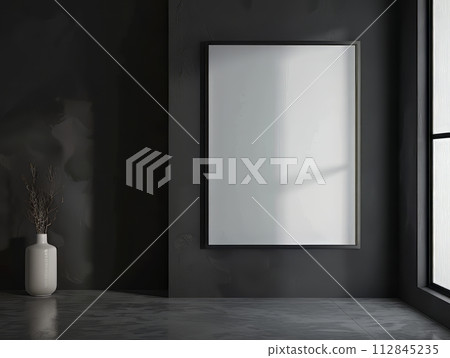 Close up of a poster mockup, hanging on the black wall in a classic modern home Close up of a poster mockup, hanging on the black wall in a classic modern home 112845235