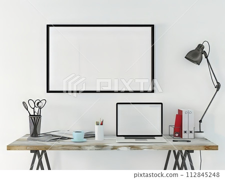 frame mockup on wall with table and notebook frame mockup on wall with table and notebook 112845248