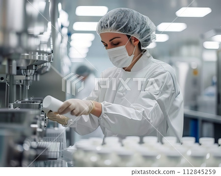 female scientist in clean room environment using a wipe to clean equipment female scientist in clean room environment using a wipe to clean equipment 112845259