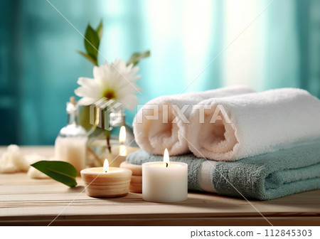 Beautiful spa composition on massage table in wellness center, AI Generated Beautiful spa composition on massage table in wellness center, AI Generated 112845303