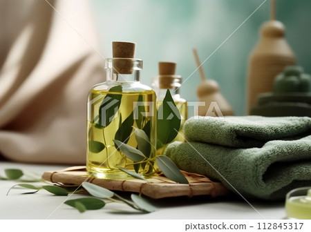 Glass Bottle Mock-Up for Body treatment and spa. Natural beauty products. Eco oil skin care with candle and towel, AI Generated Glass Bottle Mock-Up for Body treatment and spa. Natural beauty products. Eco oil skin care with candle and towel, AI Generated 112845317