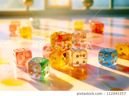 Close-up of colorful dice arranged over pink background with shadows 112845357