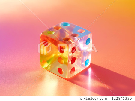 Close-up of colorful dice arranged over pink background with shadows 112845359
