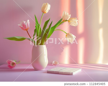 Pink Tulips in Vase with Window Shadows Pink Tulips in Vase with Window Shadows 112845405