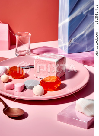 Cake for wedding or birthday decorated on pink background with pink zephyr and macaroons. Cake for wedding or birthday decorated on pink background with pink zephyr and macaroons. 112845418