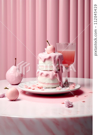Cake for wedding or birthday decorated on pink background with pink zephyr and macaroons. 112845419