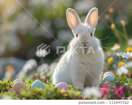 White bunny on spring landscape with pastel eggs at it's feet 112845582