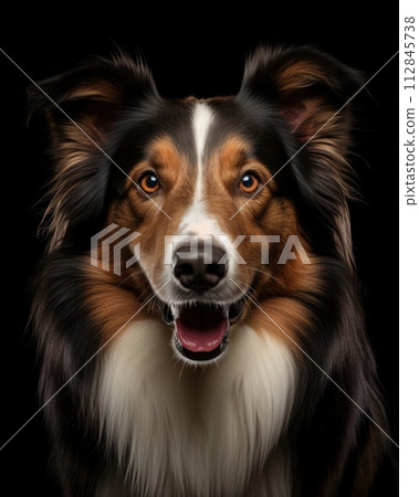 Close up studio portrait single cute collie dog, looking in camera isolated on black background 112845738
