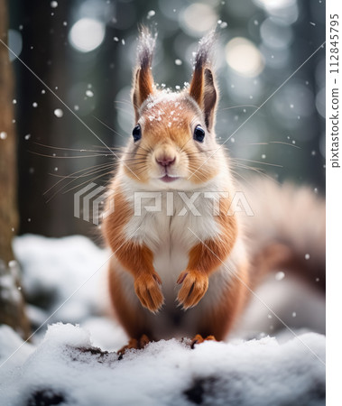 Red squirrel in snow forest on tree in winter on blurred background 112845795