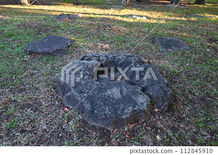 公園裡長滿青苔的石頭,陽光透過 公園裡長滿青苔的石頭,陽光透過 112845910