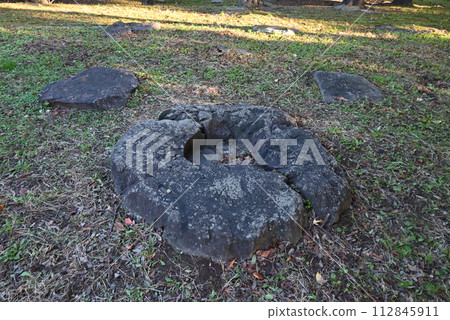 公園裡長滿青苔的石頭,陽光透過 公園裡長滿青苔的石頭,陽光透過 112845911