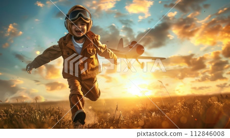 AI-generated content. Child Running Through Field With Plane in Background AI-generated content. Child Running Through Field With Plane in Background 112846008