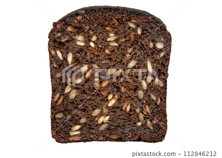 Dark bread slice with sunflower seeds, isolated on white background. Dark bread slice with sunflower seeds, isolated on white background. 112846212