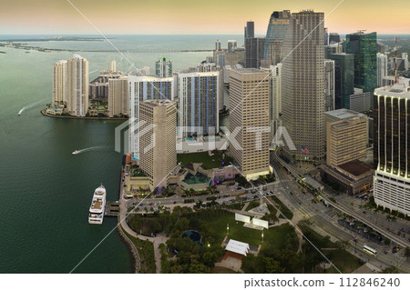 Evening urban landscape of downtown district of Miami Brickell in Florida, USA. Skyline with dark high skyscraper buildings in modern american megapolis 112846240