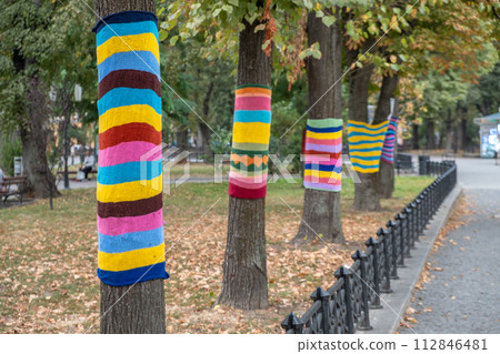 Trees wearing colorful knitted scarves in autumn park. Care about nature and environment concept. Trees wearing colorful knitted scarves in autumn park. Care about nature and environment concept. 112846481