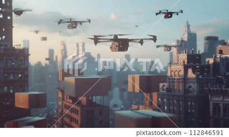 AI-generated content. Military Planes delivery drones Flying Over City AI-generated content. Military Planes delivery drones Flying Over City 112846591