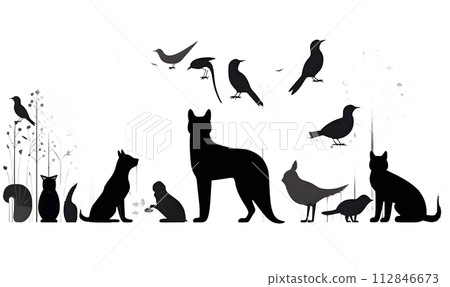 Black silhouette of many cats and birds on white background. Black silhouette of many cats and birds on white background. 112846673