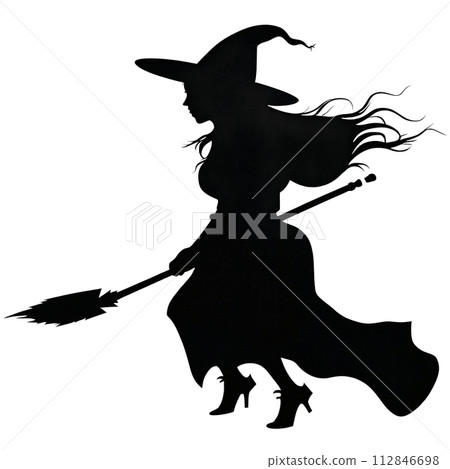 Black silhouette of a young witch on white background. 112846698