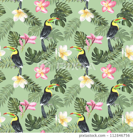 Beach seamless pattern wallpaper of tropical dark green leaves of palm trees and flowers . toucan bird of paradise plumeria on a light yellow background. textile, fabric, paper. Hand drawn watercolor 112846756