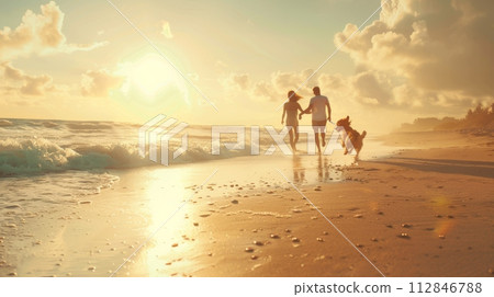 AI-generated content. A Man and a Woman Walking a Dog on a Beach 112846788