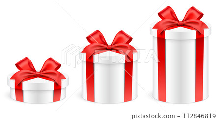 Different height round shape white gift boxes wrapped with red ribbons, vector illustration. 112846819