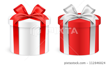 Round shape white and red gift boxes wrapped with ribbons isolated on background vector illustration Round shape white and red gift boxes wrapped with ribbons isolated on background vector illustration 112846824