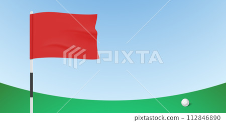 Serene golf green with red flag and ball, vector illustration 112846890