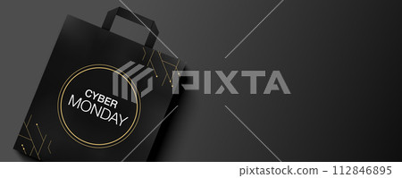 Cyber Monday elegant banner vector design. Paper bag with golden details lying on a dark background 112846895