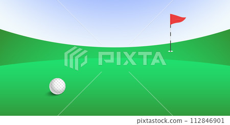 Serene golf green with flag and ball, vector illustration Serene golf green with flag and ball, vector illustration 112846901