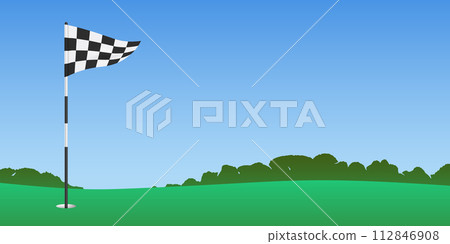 Triangle checkered golf against a blue sky and green field background Triangle checkered golf against a blue sky and green field background 112846908