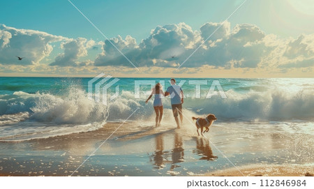 AI-generated content. Man and Woman Walking on Beach With Dog 112846984