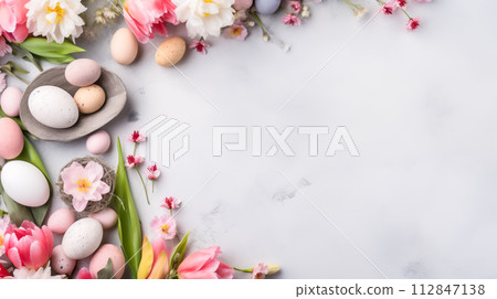 Easter greeting card with frame of eggs and flowers. Flat lay Easter composition with colorful eggs with space for text on a white background Easter greeting card with frame of eggs and flowers. Flat lay Easter composition with colorful eggs with space for text on a white background 112847138