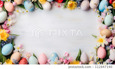 Easter greeting card with frame of eggs and flowers. Flat lay Easter composition with colorful eggs with space for text on a white background Easter greeting card with frame of eggs and flowers. Flat lay Easter composition with colorful eggs with space for text on a white background 112847140