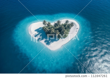 Top view of small exotic island with deep turquoise and emerald open ocean sea 112847261