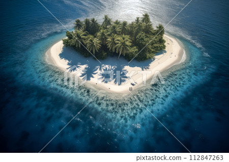 Top view of small exotic island with deep turquoise and emerald open ocean sea 112847263