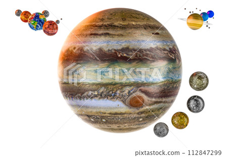 Jupiter with satellites Io, Europa, Ganymede, Callisto and solar system, 3D rendering 112847299