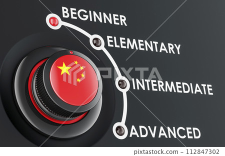 Chinese levels, learning and improvement Chinese language, concept with scale knob. 3D rendering Chinese levels, learning and improvement Chinese language, concept with scale knob. 3D rendering 112847302