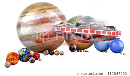 UFO with planets and satellites of the solar system, 3D rendering UFO with planets and satellites of the solar system, 3D rendering 112847303